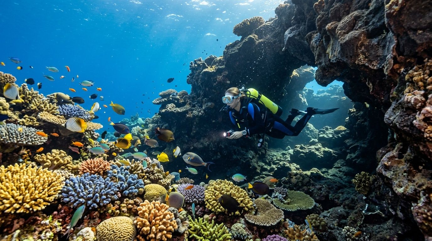 A scuba diver explores a colorful coral reef in Kona, Hawaii, surrounded by many tropical fish.