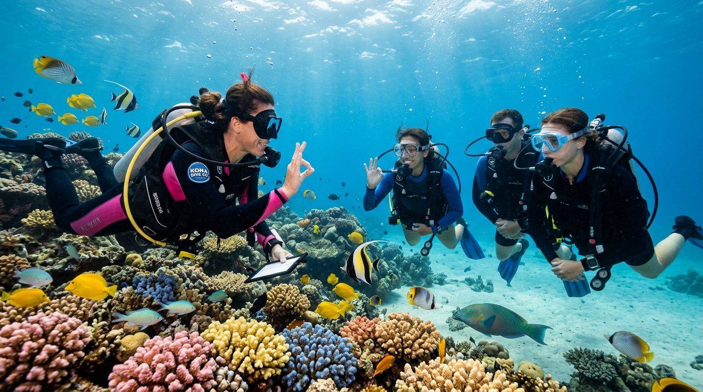 A professional scuba instructor and three students practice underwater hand signals while exploring a vibrant coral reef.
