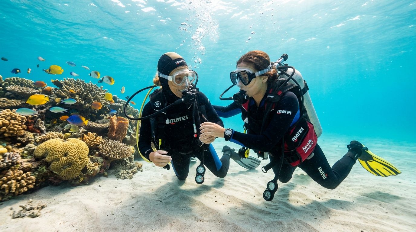 Two scuba divers exploring a colorful coral reef with tropical fish in clear blue water.