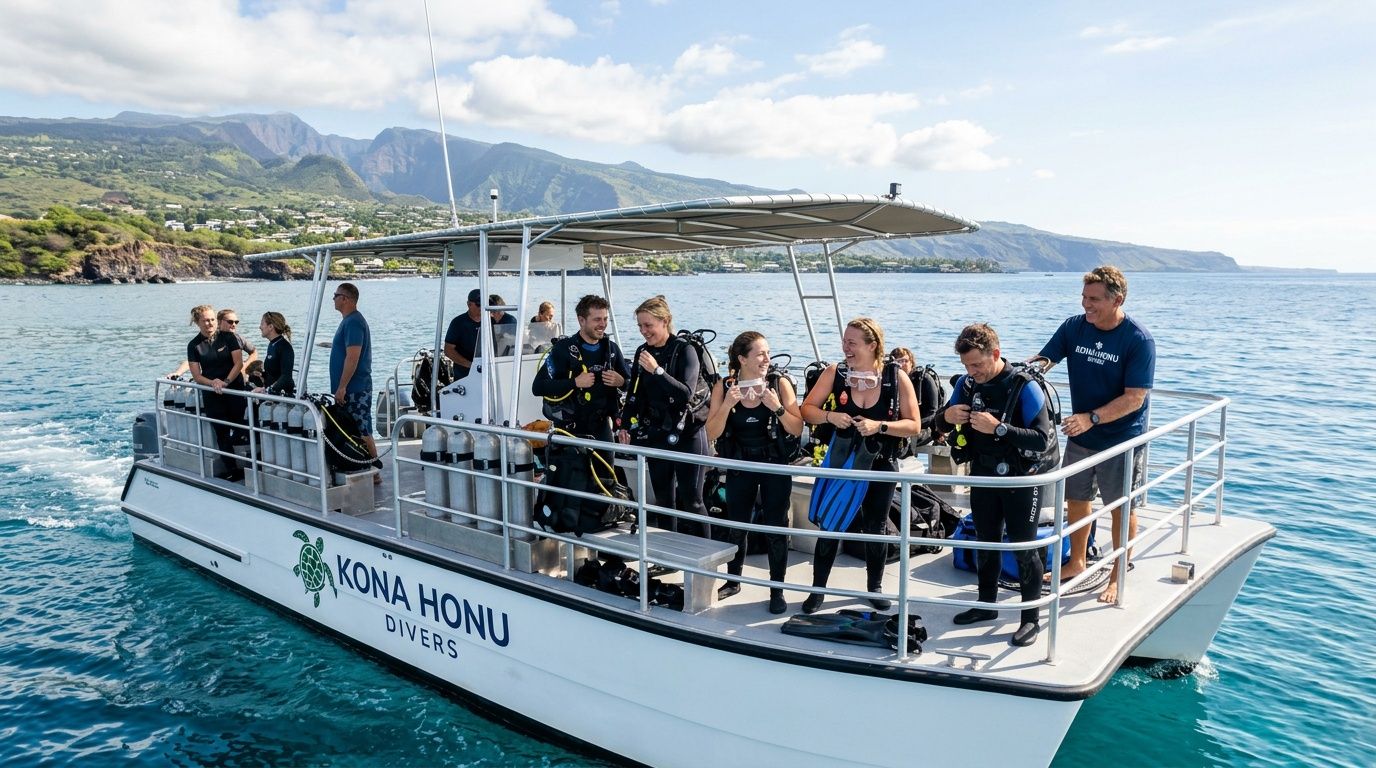 A group of scuba divers in wetsuits and gear preparing for an excursion on a boat in Hawaii.