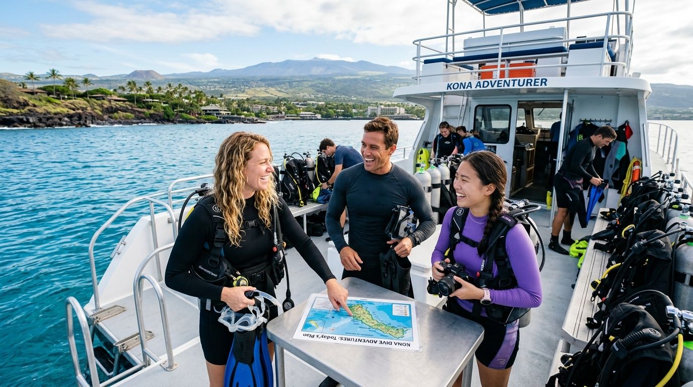 Three scuba divers review a map of the coast aboard the Kona Adventurer boat in Hawaii.