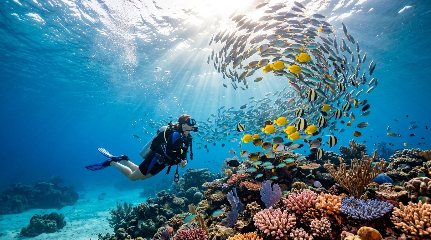 A scuba diver explores a vibrant coral reef among a large school of fish in Hawaii.