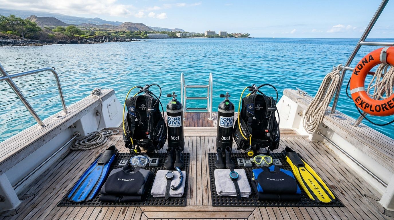Scuba diving equipment arranged on the deck of a boat in the waters off Kona, Hawaii.