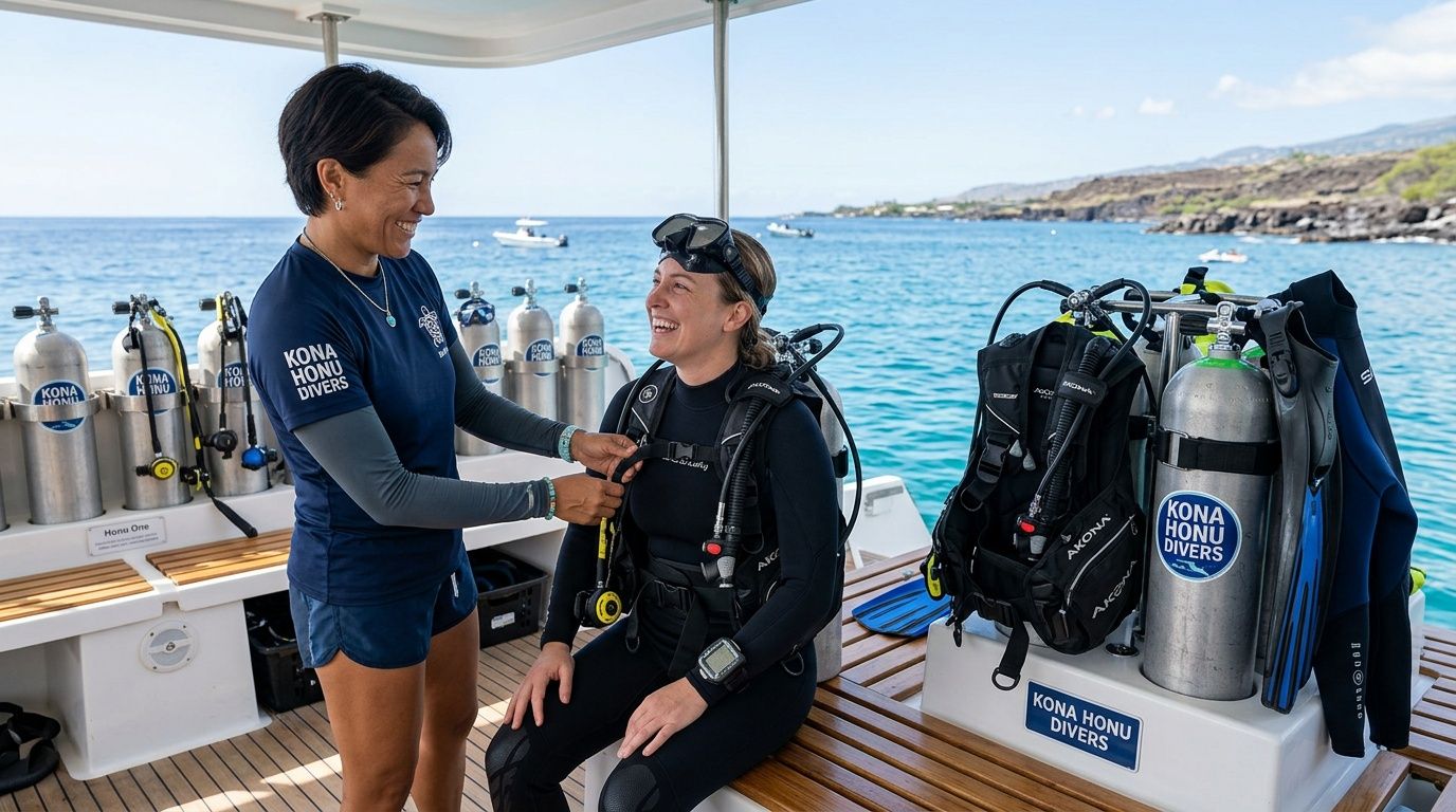 A Kona Honu Divers instructor helping a woman prepare her scuba diving gear on a boat in Hawaii.
