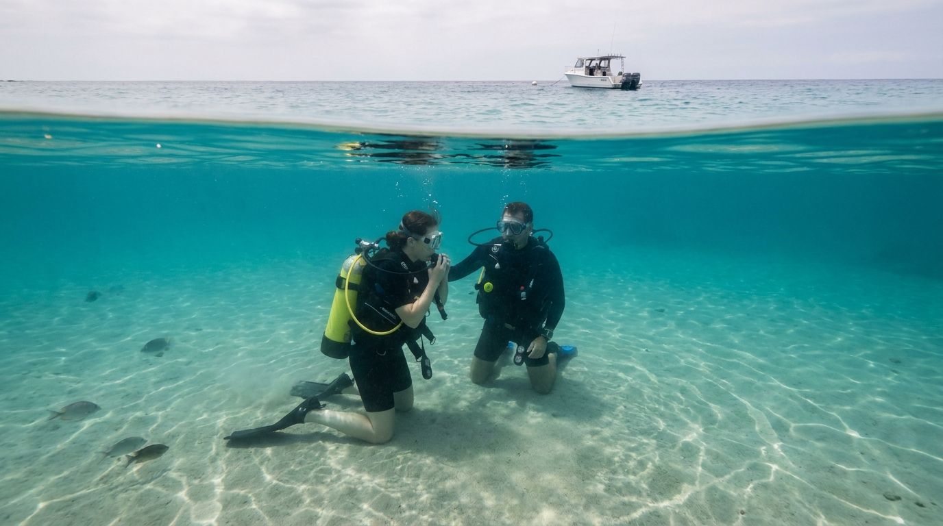 A scuba diving instructor kneels on the sandy ocean floor assisting a student in Kona, Hawaii.