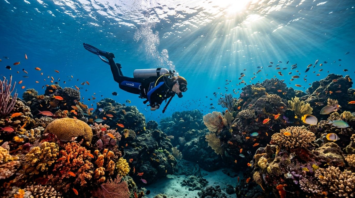 A scuba diver explores a vibrant coral reef filled with colorful tropical fish in crystal clear blue water.