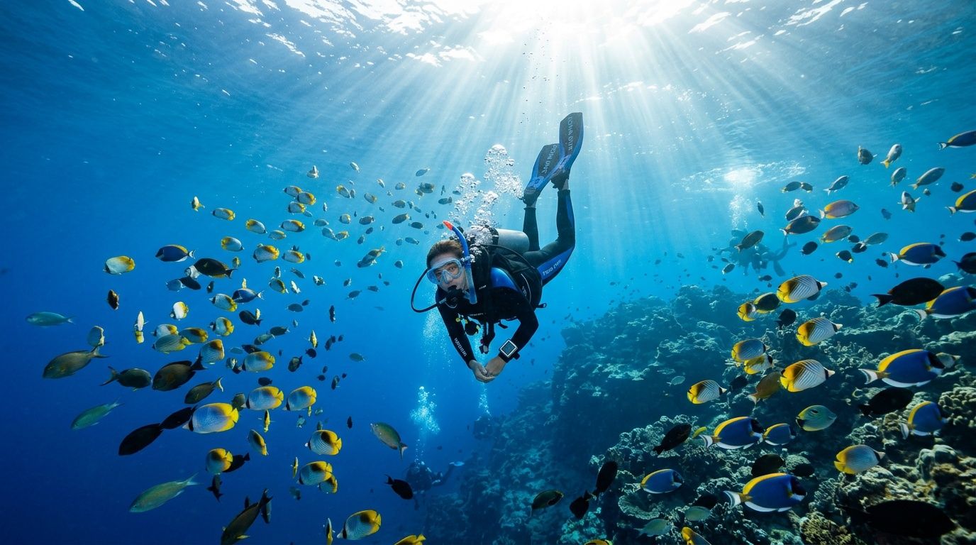 A scuba diver swims gracefully through clear tropical water surrounded by colorful fish and a coral reef.