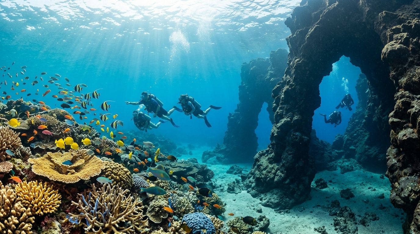 Scuba divers exploring vibrant coral reefs with tropical fish near a dramatic underwater rock archway.