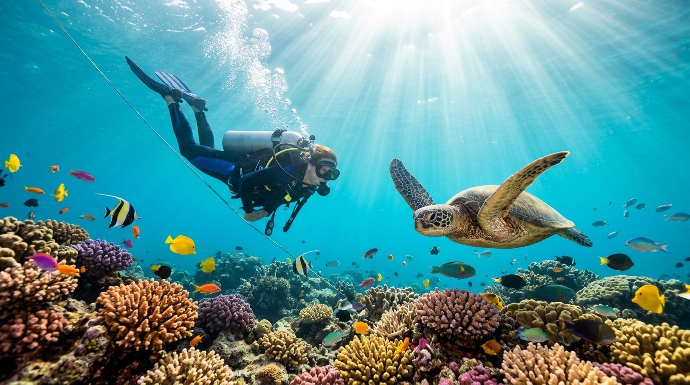 A scuba diver explores a vibrant coral reef alongside a gentle sea turtle in clear ocean water.